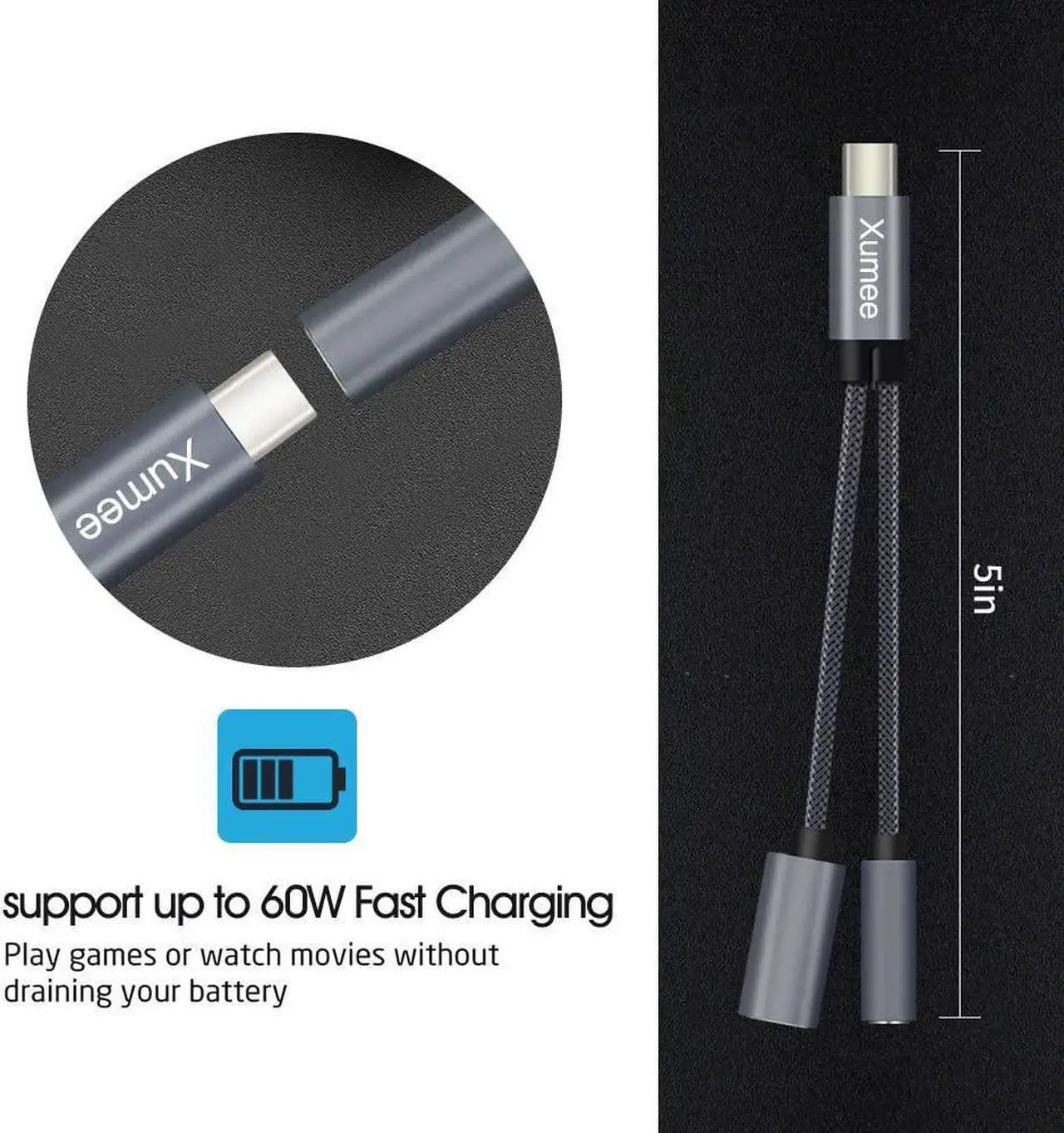 Alt view image 5 of 7 - USB Type C to 3.5mm Headphone and Charger Adapter 2-in-1 USB C to Aux Audio Jack Hi-Res DAC and Fast Charging Dongle Cable Compatible with iPhone 15 Pro Max Galaxy S24 S23 Ultra S22 S21 (Grey)