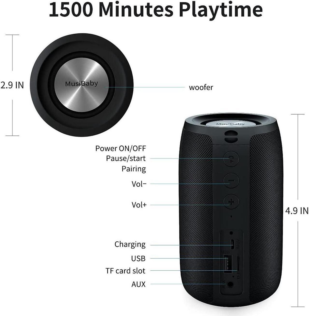 Alt view image 3 of 6 - Bluetooth Speaker,MusiBaby Speaker,Wireless,Outdoor, Waterproof,Portable Speaker,Dual Pairing, Bluetooth 5.0,Loud Stereo,Booming Bass,1500 Mins Playtime for Home&Party,Gifts Speaker(Blk)