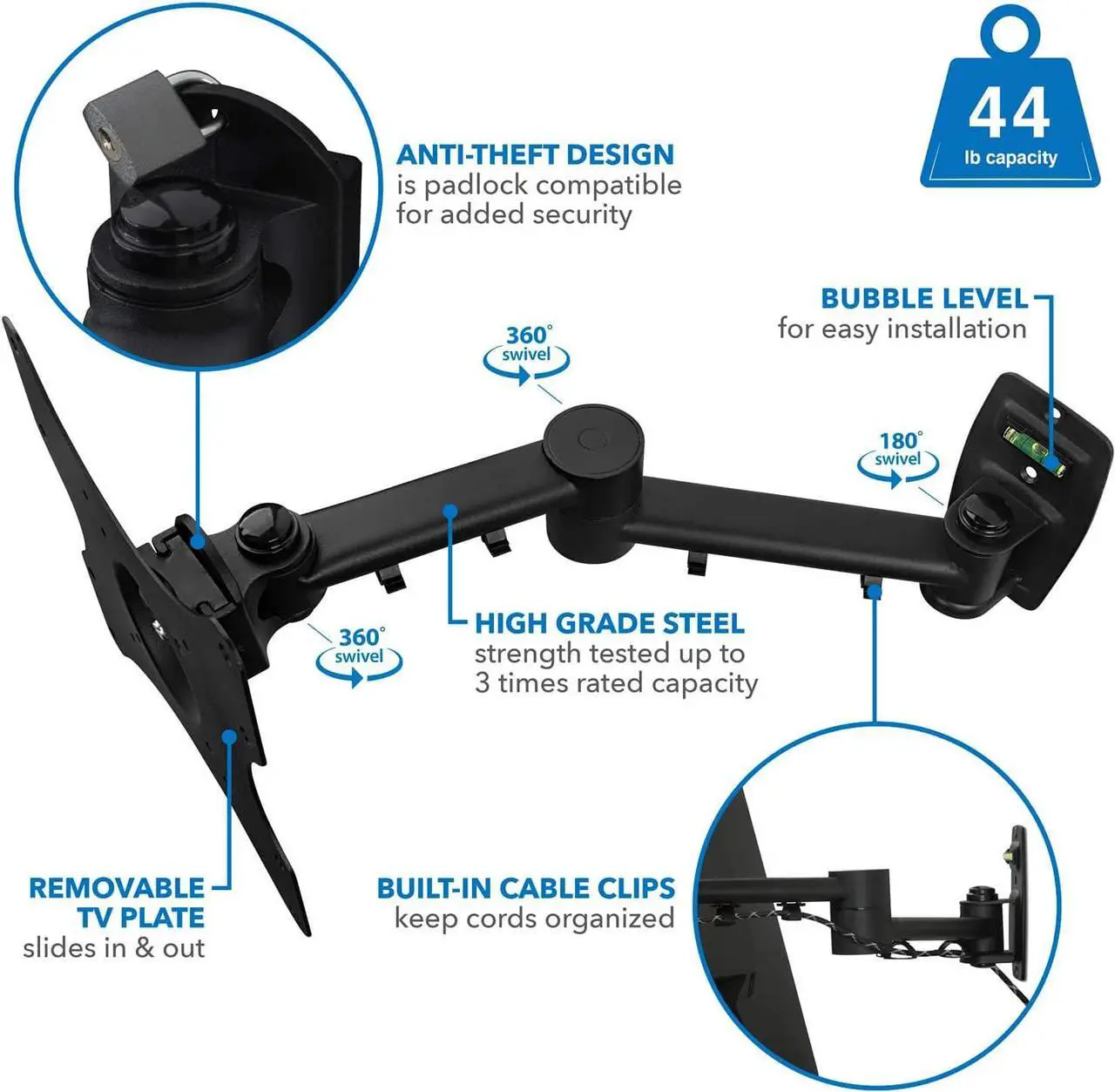 Alt view image 4 of 7 - TV Wall Mount Bracket | Quick Release | Full Motion Swing Out Tilt Swivel | Articulating Arm for 13-42" Flat Screens and Monitors | VESA 75 to 200 | 44 Pound Capacity | Anti-Theft Locking