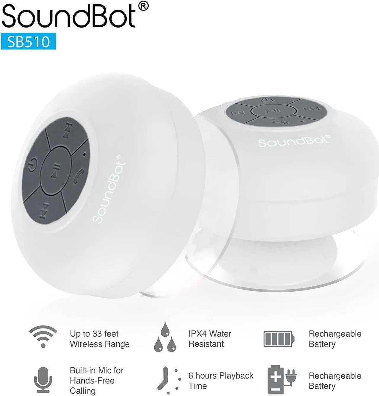 Alt view image 2 of 7 - Soundbot SB510 HD Water Resistant Bluetooth Shower Speaker, Handsfree Portable Speakerphone with Built-in Mic, 6hrs of Playtime, Control Buttons and Dedicated Suction Cup for Showers (White)
