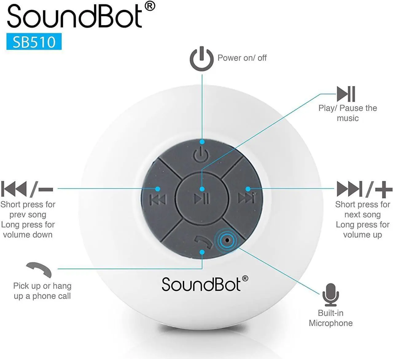 Alt view image 3 of 7 - Soundbot SB510 HD Water Resistant Bluetooth Shower Speaker, Handsfree Portable Speakerphone with Built-in Mic, 6hrs of Playtime, Control Buttons and Dedicated Suction Cup for Showers (White)