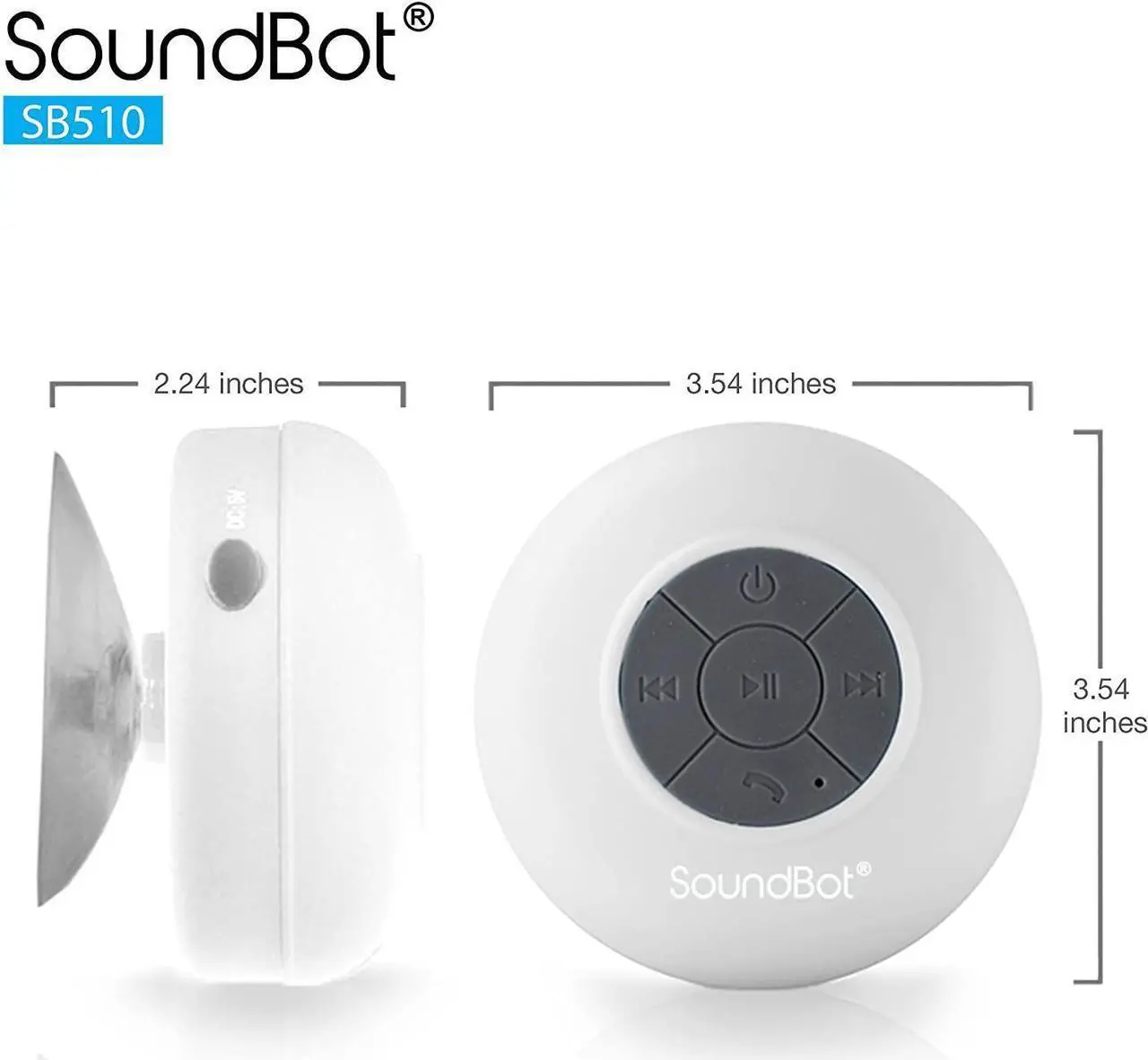 Alt view image 5 of 7 - Soundbot SB510 HD Water Resistant Bluetooth Shower Speaker, Handsfree Portable Speakerphone with Built-in Mic, 6hrs of Playtime, Control Buttons and Dedicated Suction Cup for Showers (White)