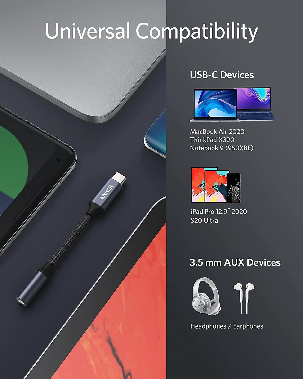Alt view image 4 of 6 - USB C to 3.5mm Audio Adapter Male to Female Nylon Cable for  S20/S20+/S20 Ultra Pixel 4/+ 4XL and More Type C Devices