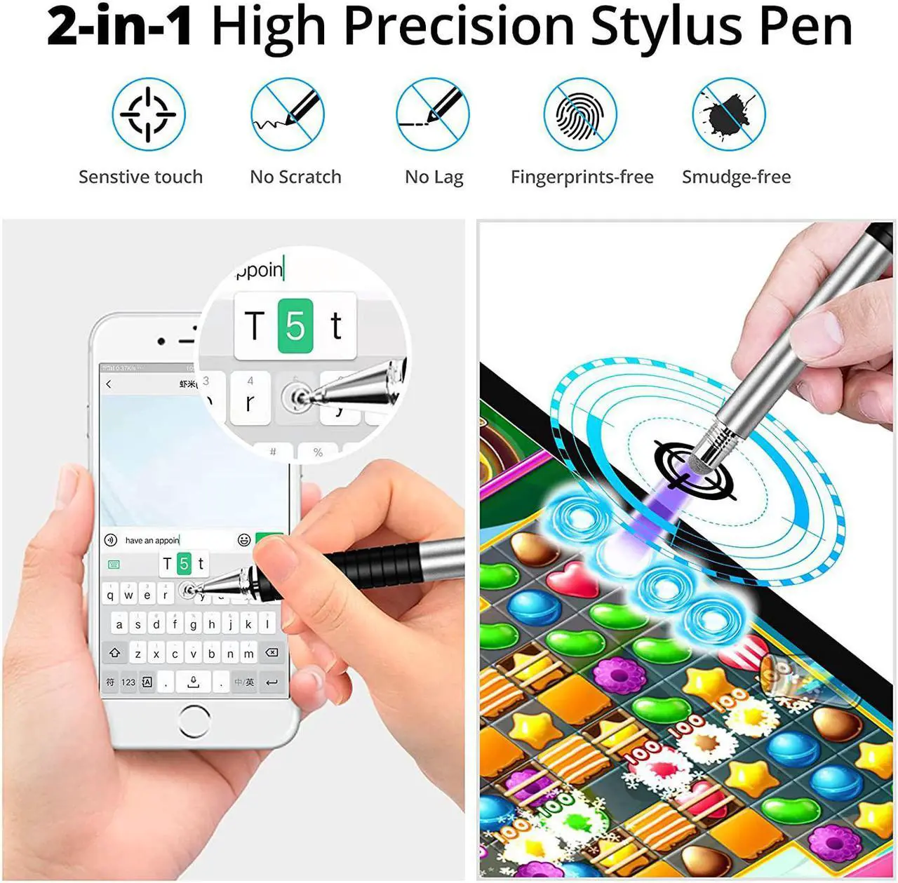 Alt view image 3 of 7 - Stylus (5 Pcs) 2-in-1 Stylus Pen for Touchscreen High Precision and Sensitivity Suitable for iPhone/ipad/Android Tablets Compatible with All Touch Screens White