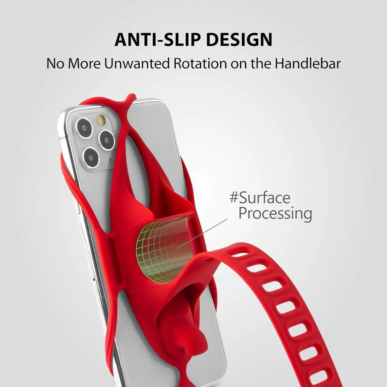 Alt view image 5 of 7 - BONE Bike Tie 4, Bike Cell Phone Mount for Handlebar, Scratch-Free Silicone Holder with Anti-Slip Design, Universal Cycling Phone Holder Compatible with Most Smartphones (Red - Handlebar)