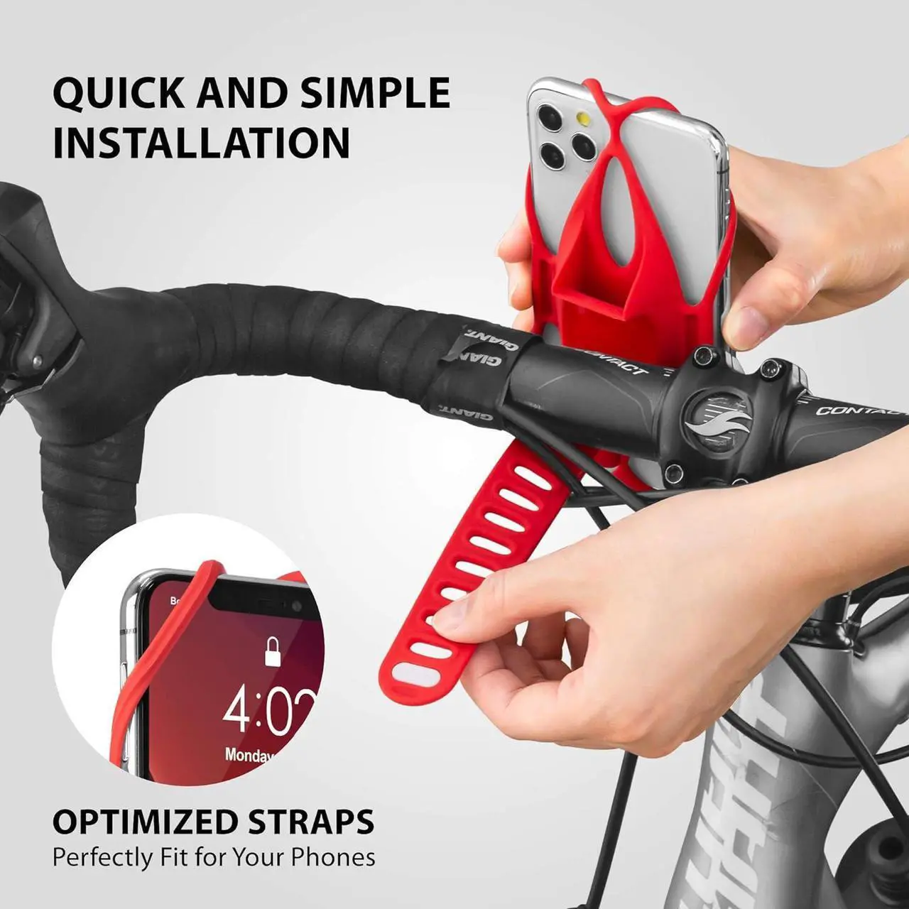 Alt view image 6 of 7 - BONE Bike Tie 4, Bike Cell Phone Mount for Handlebar, Scratch-Free Silicone Holder with Anti-Slip Design, Universal Cycling Phone Holder Compatible with Most Smartphones (Red - Handlebar)