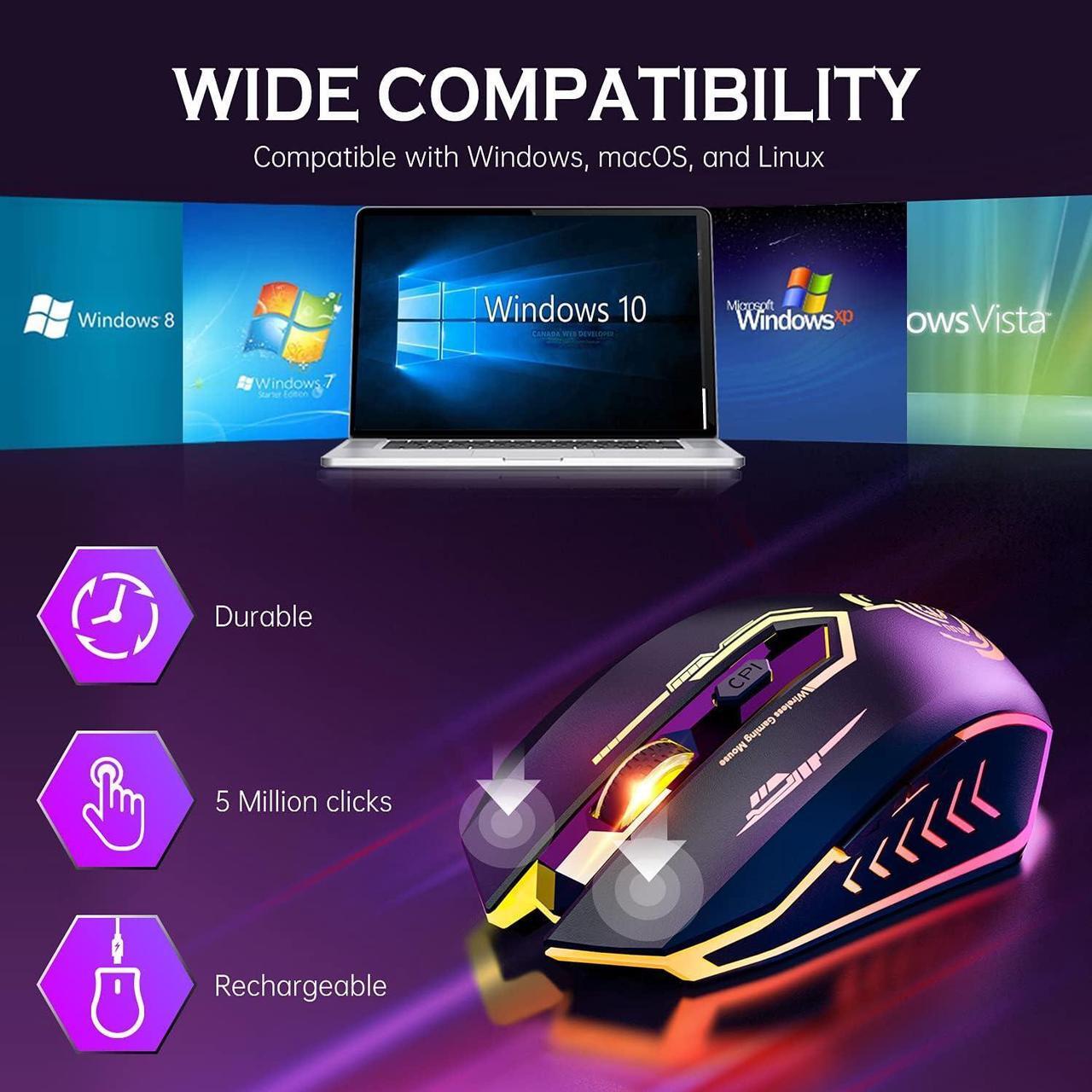 Alt view image 6 of 7 - UHURU Wireless Gaming Mouse Up to 10000 DPI, Rechargeable USB Wireless Mouse with 6 Buttons 7 Dynamic LED Color Ergonomic Programmable MMO RPG for PC Laptop, Compatible with Windows Mac