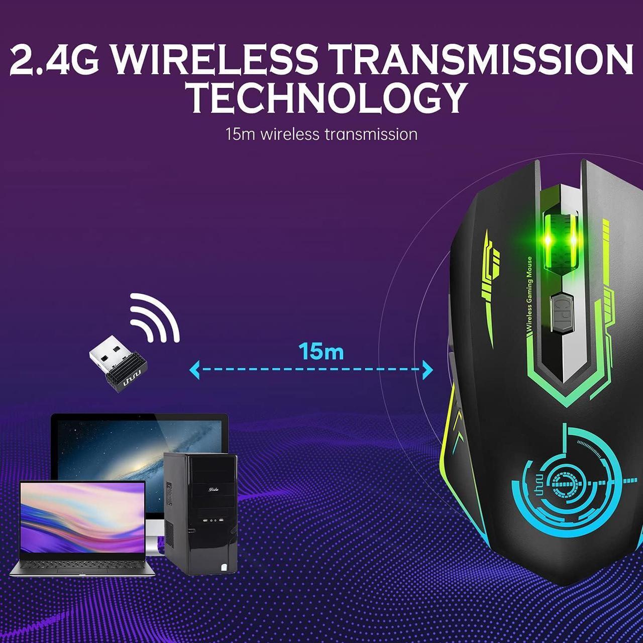Alt view image 2 of 7 - UHURU Wireless Gaming Mouse Up to 10000 DPI, Rechargeable USB Wireless Mouse with 6 Buttons 7 Dynamic LED Color Ergonomic Programmable MMO RPG for PC Laptop, Compatible with Windows Mac