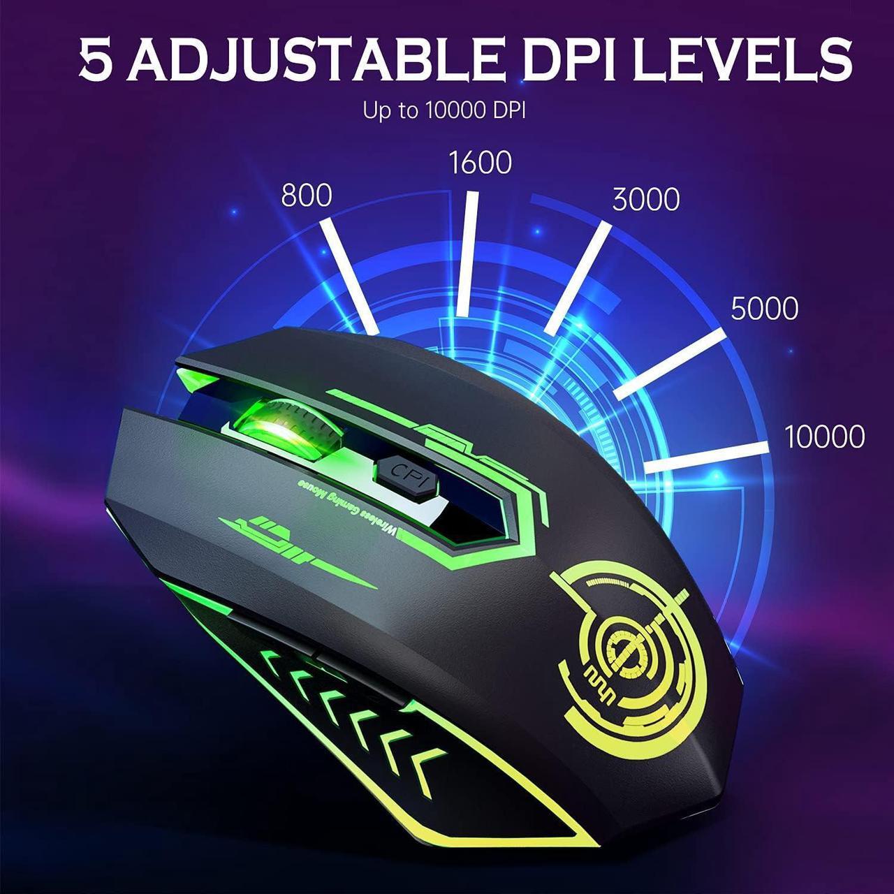 Alt view image 3 of 7 - UHURU Wireless Gaming Mouse Up to 10000 DPI, Rechargeable USB Wireless Mouse with 6 Buttons 7 Dynamic LED Color Ergonomic Programmable MMO RPG for PC Laptop, Compatible with Windows Mac
