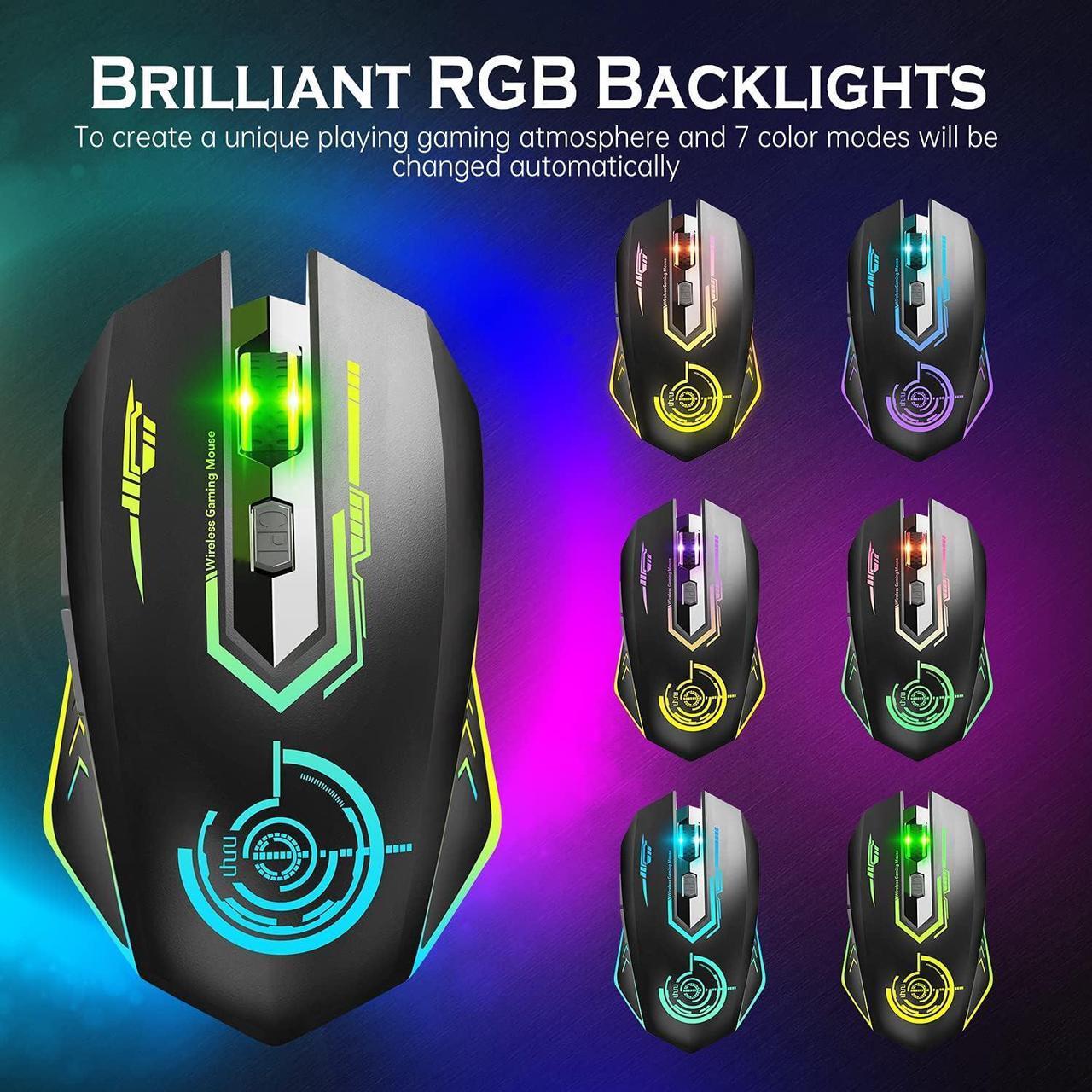 Alt view image 4 of 7 - UHURU Wireless Gaming Mouse Up to 10000 DPI, Rechargeable USB Wireless Mouse with 6 Buttons 7 Dynamic LED Color Ergonomic Programmable MMO RPG for PC Laptop, Compatible with Windows Mac