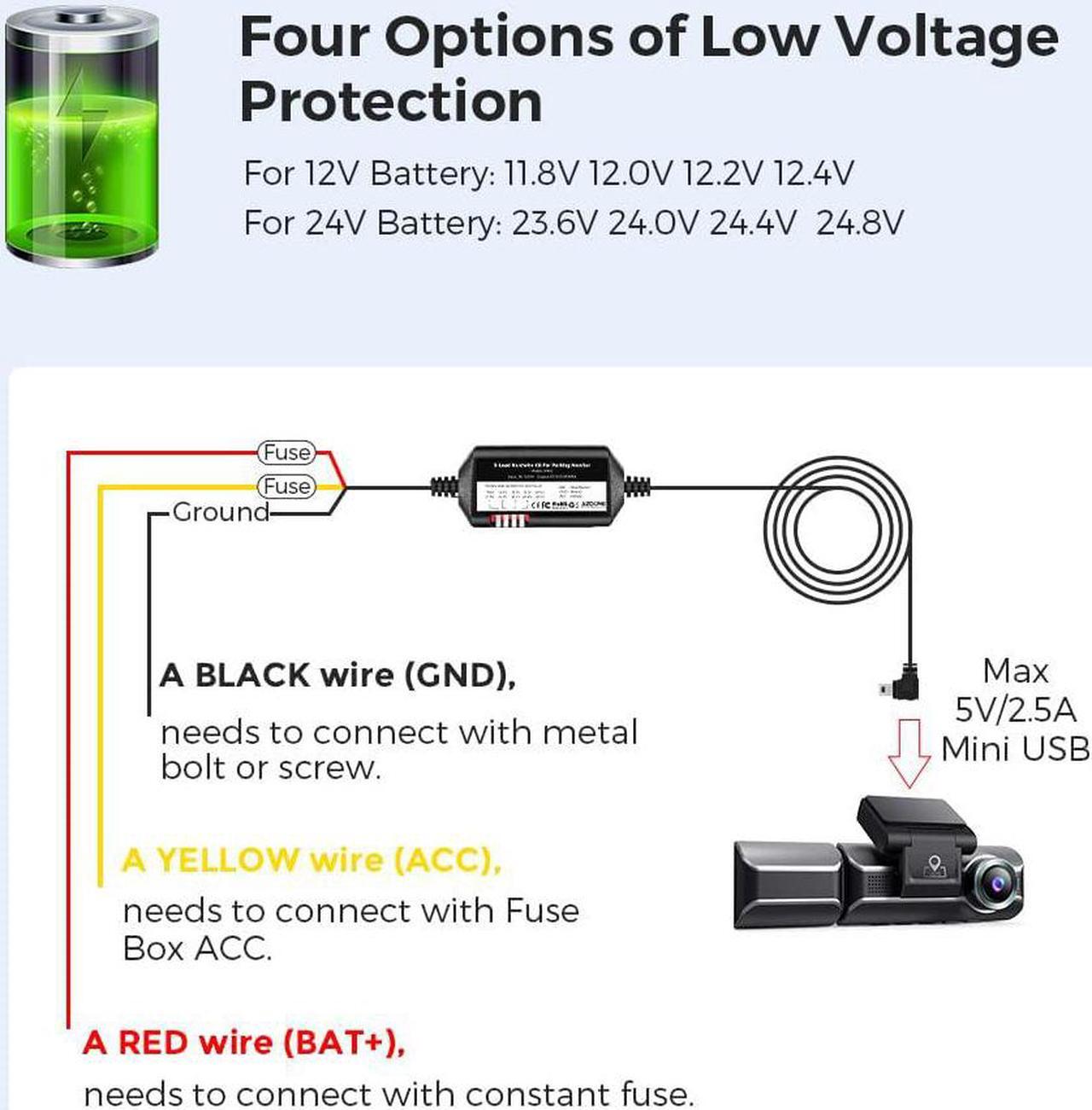 Alt view image 3 of 7 - 3-Lead ACC Hardwire Kit Mini-USB Port for M550(Pro)/M01 Pro/M17 Dash Cam, 12ft with Fuse Kit, for Dash Camera 24H Parking Monitor, Converts 12V-24V to Output 5V/2.5A Max, Low Voltage Protection