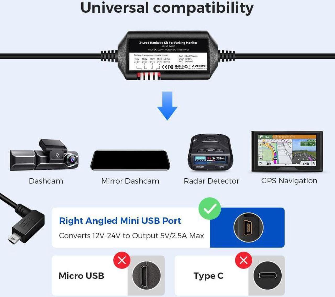 Alt view image 2 of 7 - 3-Lead ACC Hardwire Kit Mini-USB Port for M550(Pro)/M01 Pro/M17 Dash Cam, 12ft with Fuse Kit, for Dash Camera 24H Parking Monitor, Converts 12V-24V to Output 5V/2.5A Max, Low Voltage Protection