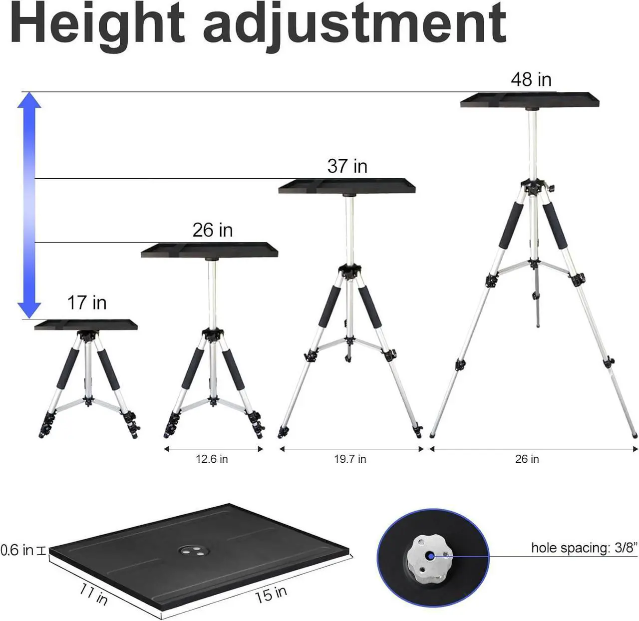 Alt view image 6 of 7 - Projector Stand Tripod Adjustable: Universal Laptop Standing Height from 17" to 48" with Tray Ball Head Carry Bag for Computer Camera