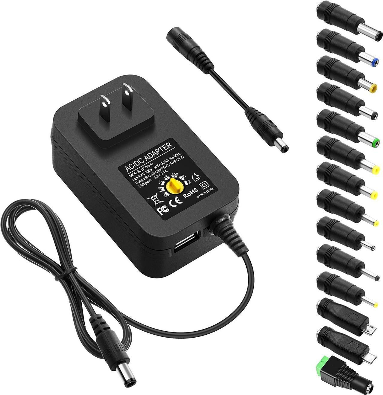 Main image of 30W Universal AC to DC Power Supply Adapter 3V to 12V Adjustable with 14Adapter Tips & USB Port for Household Electronics Routers 2.5A Max