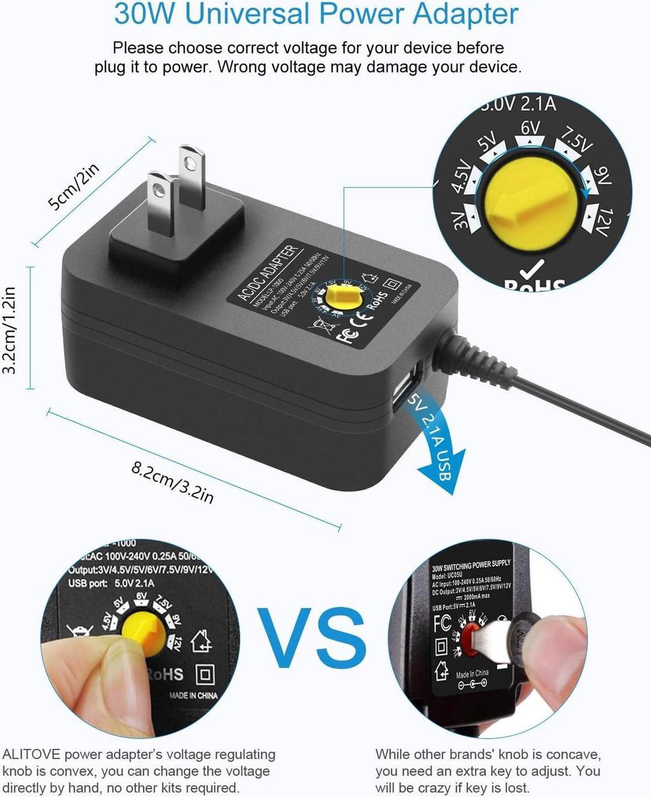 Alt view image 2 of 7 - 30W Universal AC to DC Power Supply Adapter 3V to 12V Adjustable with 14Adapter Tips & USB Port for Household Electronics Routers 2.5A Max