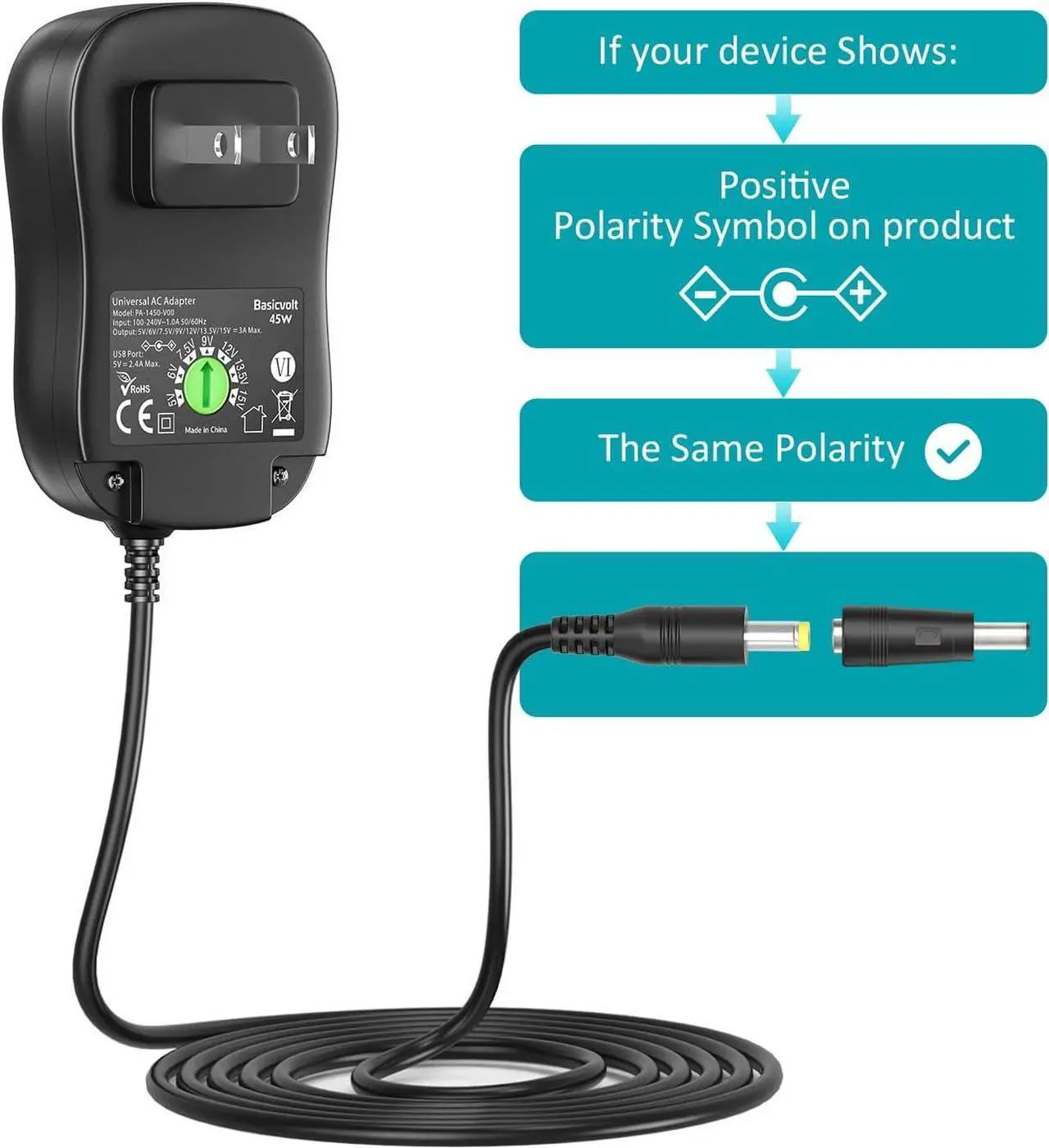 Alt view image 6 of 7 - Basicvolt Universal Power Supply 5V 6V 7.5V 9V 12V 13.5V 15V 3A 2.5A AC DC Power Adapter 45W Wall Charger with 5V 2A USB Plug for Electronics 2.5A 2500mA 3000mA 3Amp Max with 12pcs Adaptor Tips - OEM