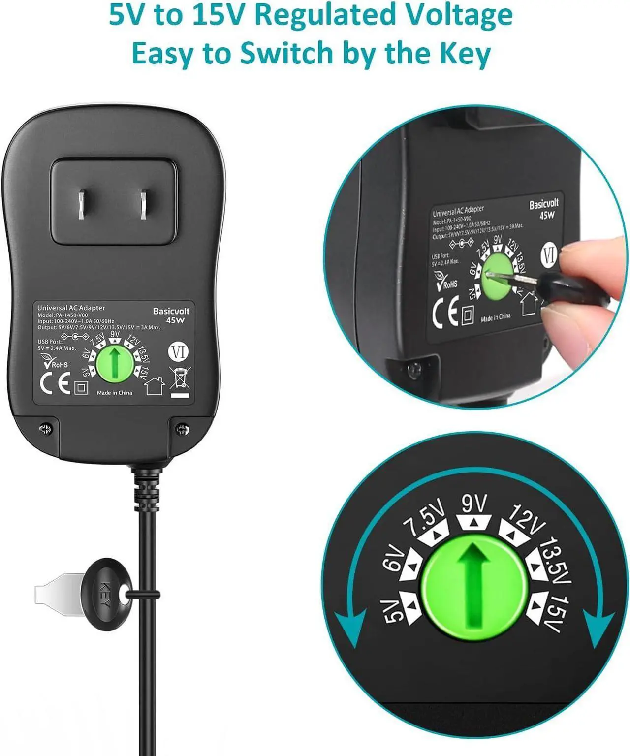 Alt view image 4 of 7 - Basicvolt Universal Power Supply 5V 6V 7.5V 9V 12V 13.5V 15V 3A 2.5A AC DC Power Adapter 45W Wall Charger with 5V 2A USB Plug for Electronics 2.5A 2500mA 3000mA 3Amp Max with 12pcs Adaptor Tips - OEM