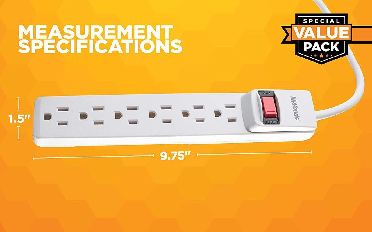 Alt view image 4 of 5 - Woods 41435 Power Strip with 6 Outlets, 2.5 Cord and Durable White Housing, 2 pack, 2-Pack