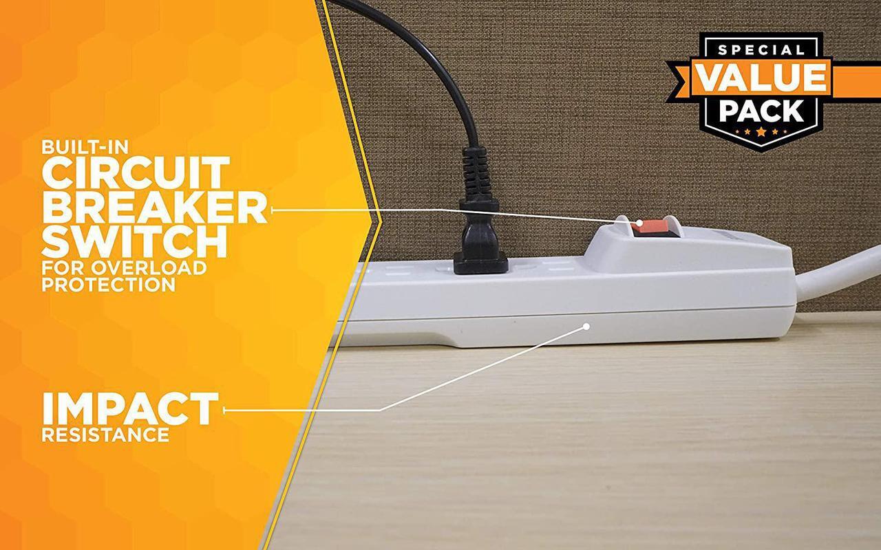 Alt view image 3 of 5 - Woods 41435 Power Strip with 6 Outlets, 2.5 Cord and Durable White Housing, 2 pack, 2-Pack