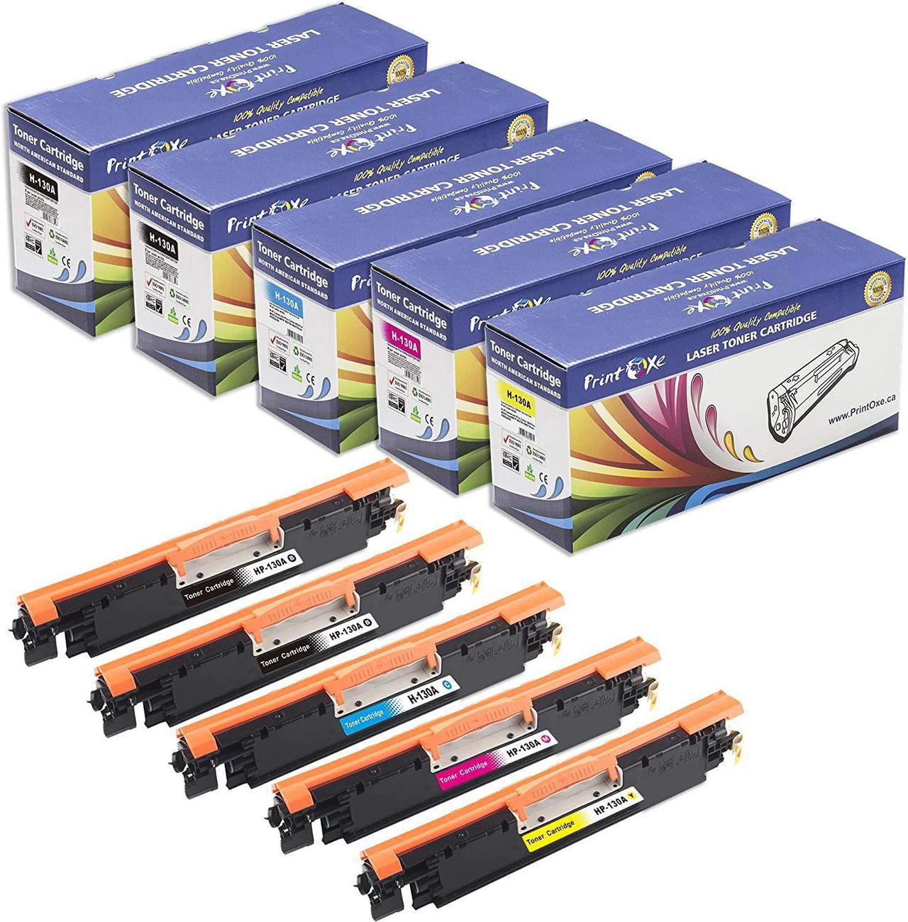 PrintOxe Compatible 5 Toners for 130A Complete Set + BK; 2 Black CF350A, Cyan CF351A, Yellow CF352A, & Magenta CF353A for HP Laser Jet Pro Color MFP M176, M177, M177fw Printers