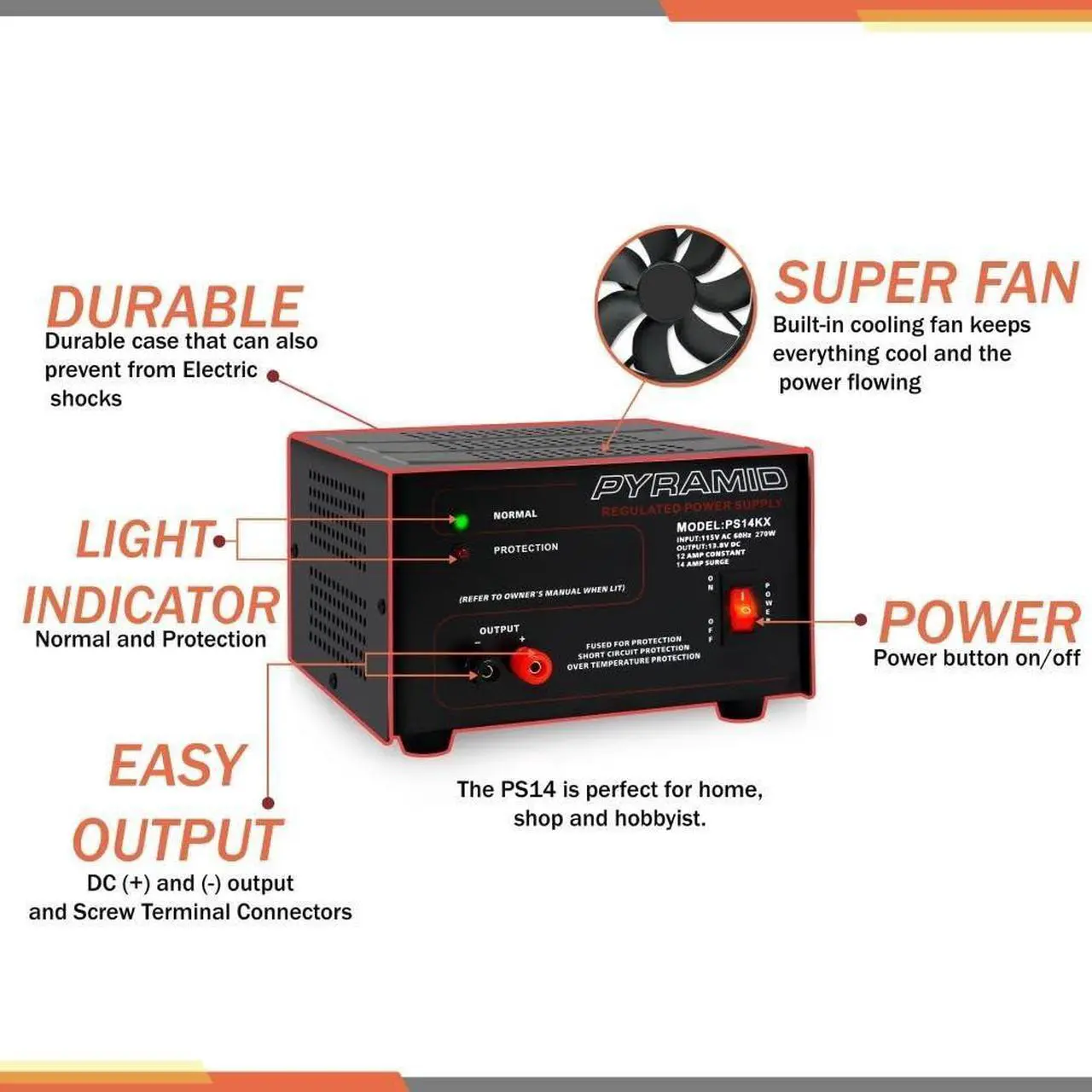 Alt view image 3 of 6 - Pyramid Universal Compact Bench Power Supply - 12 Amp Linear Regulated Home Lab Benchtop AC-to-DC 12V Converter w/ 13.8 Volt DC 115V AC 270 Watt Power Input, Screw Type Terminals, Cooling Fan PS14KX