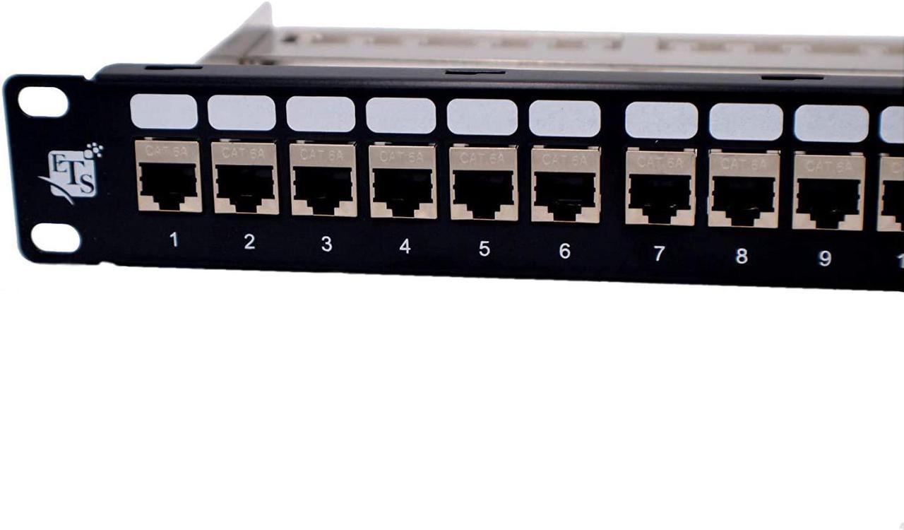 ETS 24 Port CAT6A RJ45 Feed Through Coupler Patch Panel 19-Inch Loaded with Back Bar, Wallmount or Rackmount, Compatible with Cat5, Cat5e, Cat6, Cat6A, UTP STP Cabling (CAT6a Shielded)