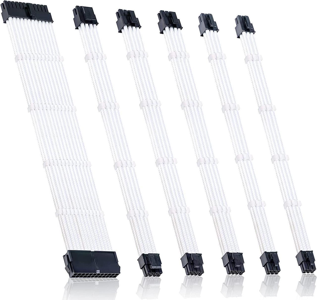 Braided ATX Sleeved Cable Extension Kit for Power Supply Cable Kit, PSU Connectors, 24 Pin, 8 Pin, 6 Pin 4 + 4 Pin, 6 Pack, with Cable Comb 24 Pieces Set 24-Pin, 8-Pin, 6-Pin (White)