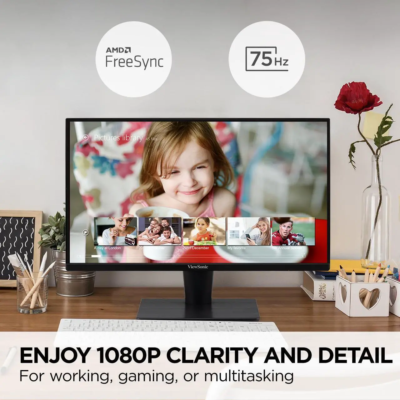 Alt view image 2 of 7 - ViewSonic VS2447M 24 Inch 1080p Monitor with 75Hz, AMD FreeSync, Thin Bezels, Eye Care, HDMI, VGA Inputs for Gaming and Home Office