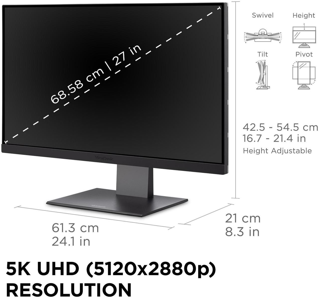 Alt view image 6 of 14 - ViewSonic VP2788-5K 27" 5K Mac-Ready Monitor with 100% sRGB, 99% DCI-P3, Pantone Validated, Advanced Ergonomics, Thunderbolt 4, USB Hub, HDMI, and DP for Home and Office