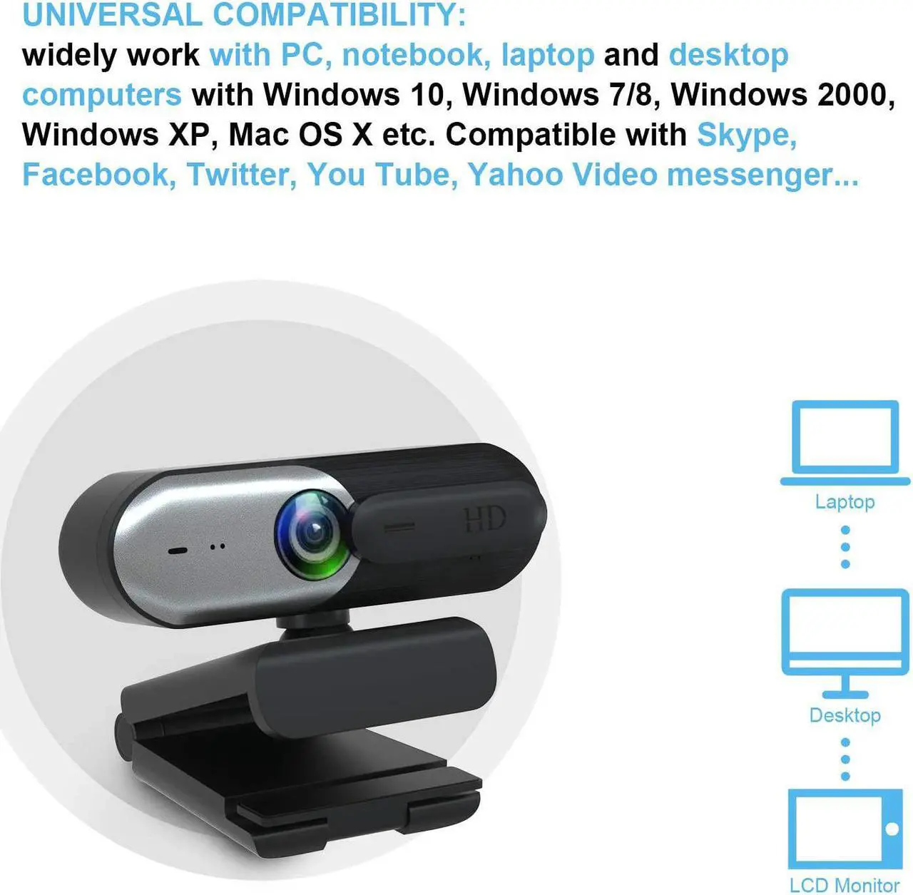 Alt view image 2 of 6 - EACH Full HD Webcam 1080p USB Webcam Autofocus Camera HDR Webcam Widescreen with Privacy Cover Video Calling and Recording for Laptop PC Skype Stream Gaming Silver