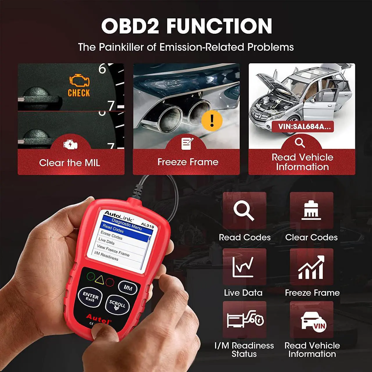 Alt view image 3 of 7 - Autel AutoLink AL319 OBD2 Scanner Car Diagnostic Code Reader Automotive Engine Fault CAN Scan Tool