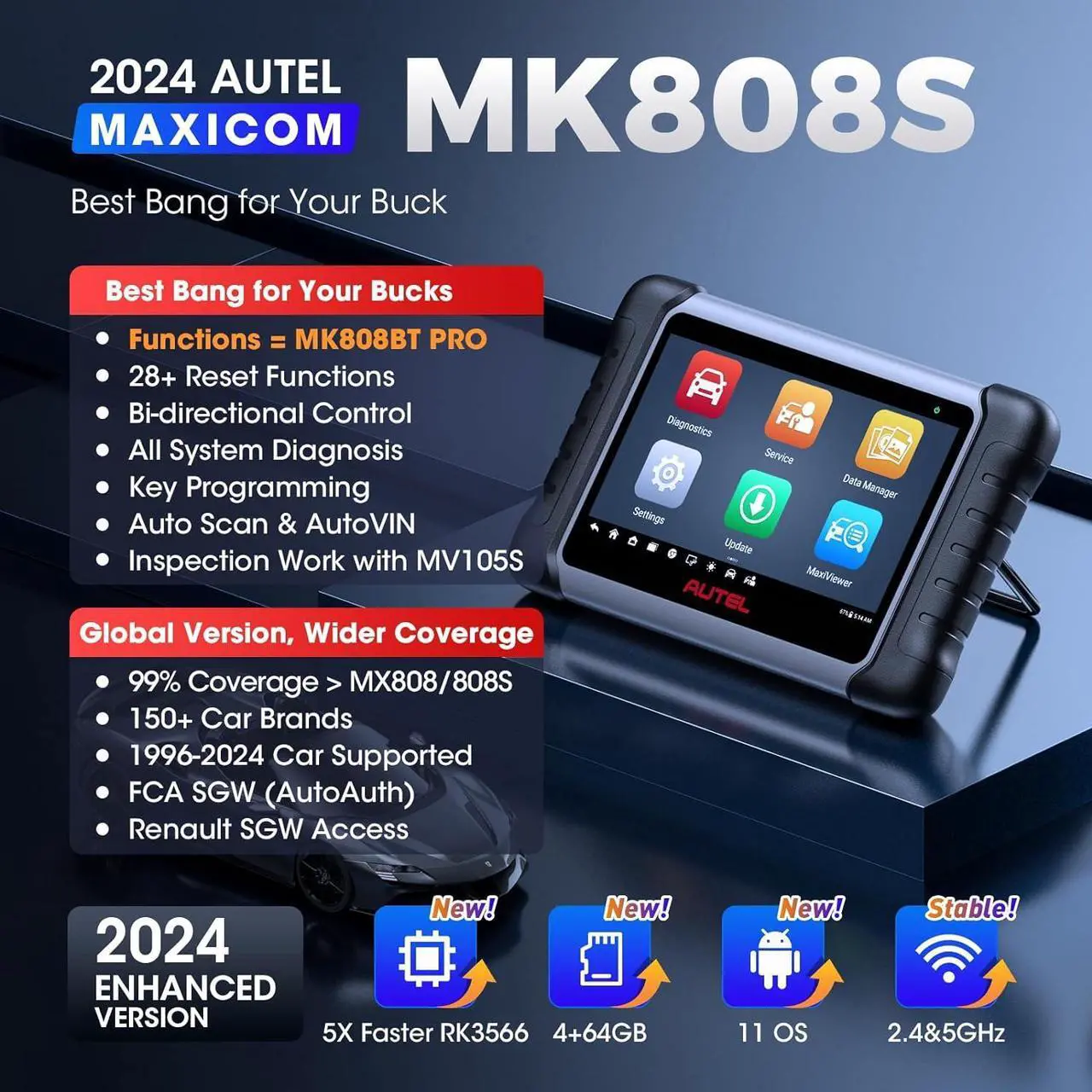 Alt view image 2 of 7 - Autel MaxiCOM MK808S OBD2 Scanner Car Diagnostic Scan Tool Bi-Directional All Systems Diagnosis 38+ Services Active Test, Injector C0ding, as MK808BT Pro MX808S M808Z, Function as MX900