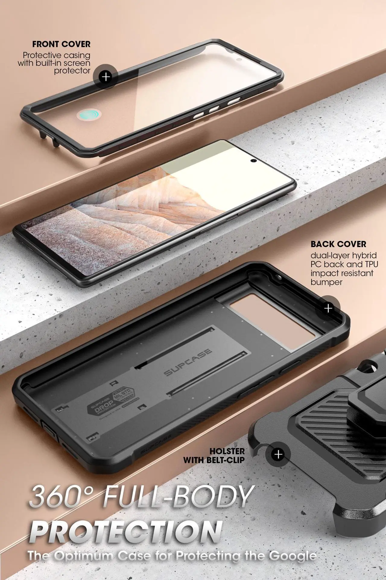 Alt view image 2 of 7 - SUPCASE UB Pro Case for Google Pixel 6A (2022 Release), [Extra Front Frame] Full-Body Dual Layer Rugged Belt-Clip & Kickstand Case with Built-in Screen Protector (Black)
