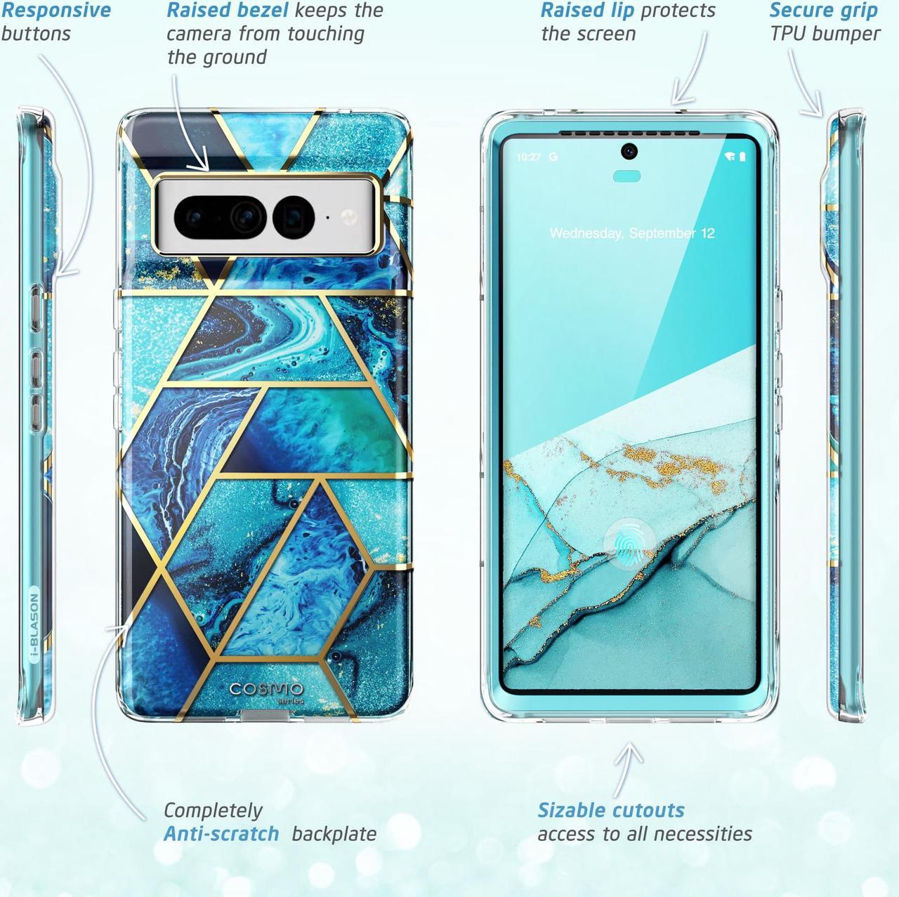 Alt view image 7 of 7 - i-Blason Cosmo Series for Google Pixel 7 Pro Case (2022), Slim Full-Body Stylish Protective Case with Built-in Screen Protector (Ocean) Blue