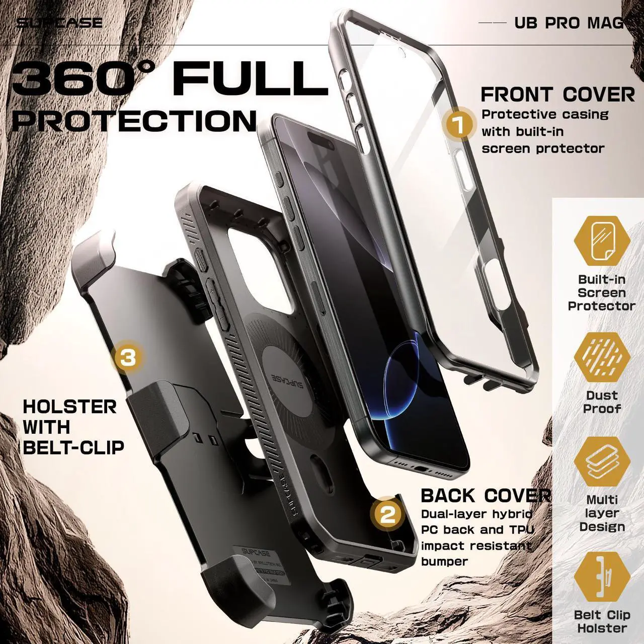 Alt view image 3 of 7 - SUPCASE for iPhone 16 Pro Max Case with Stand (UBPro Mag), [Support MagSafe] [Built-in Screen Protector & Belt Clip] [Military-Grade Protection] Magnetic Phone Case for iPhone 16 Pro Max 6.9'', Black