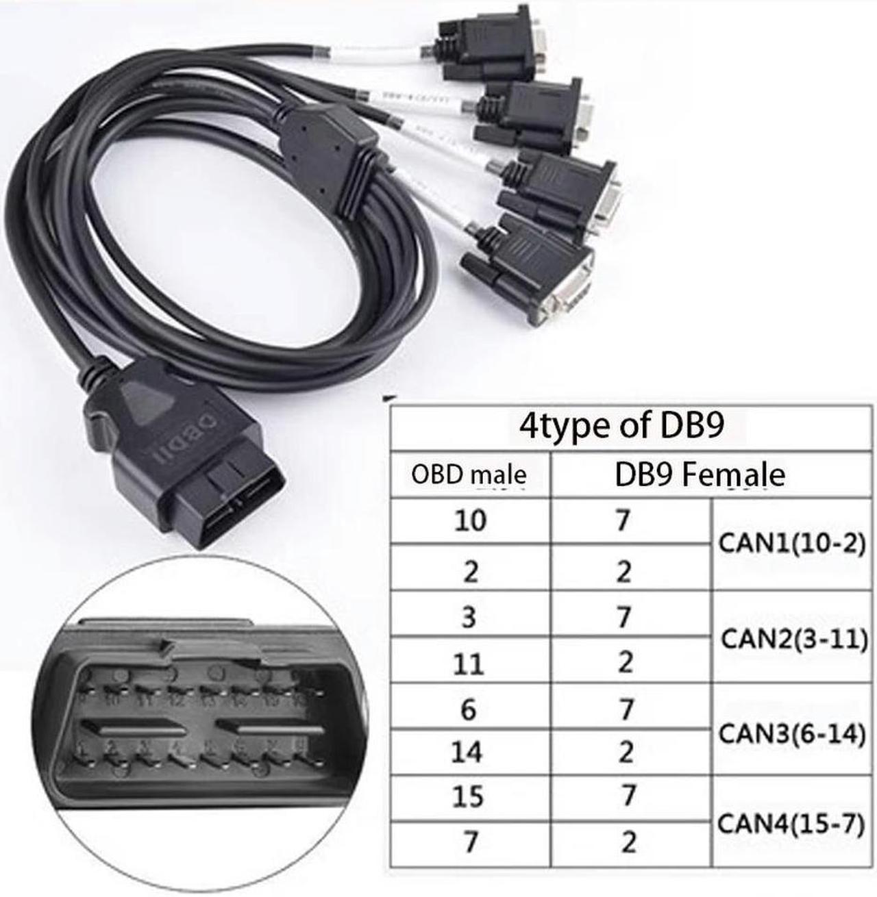 FOR OBD2 16 Pin Wiring Cord 1 Male to 4 DB9 Interface For RS232 OBD 2 Cable Diagnostic Tool Cable Serial Port RS232 Interface Cable