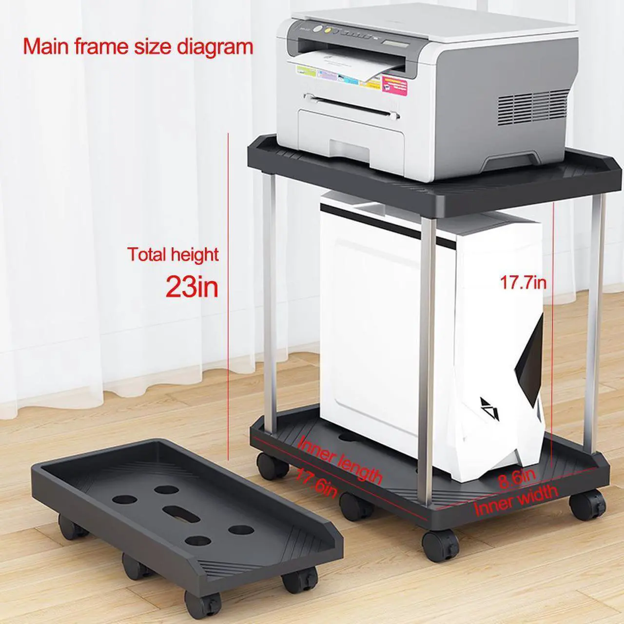 Alt view image 5 of 7 - Jicheng Desktop Computer Tower Stand PC Tower Stand 2 Tier CPU Holder Stand with Wheels Mobile Computer Tower Cart Rolling PC Stand Floor for Fax Home Office