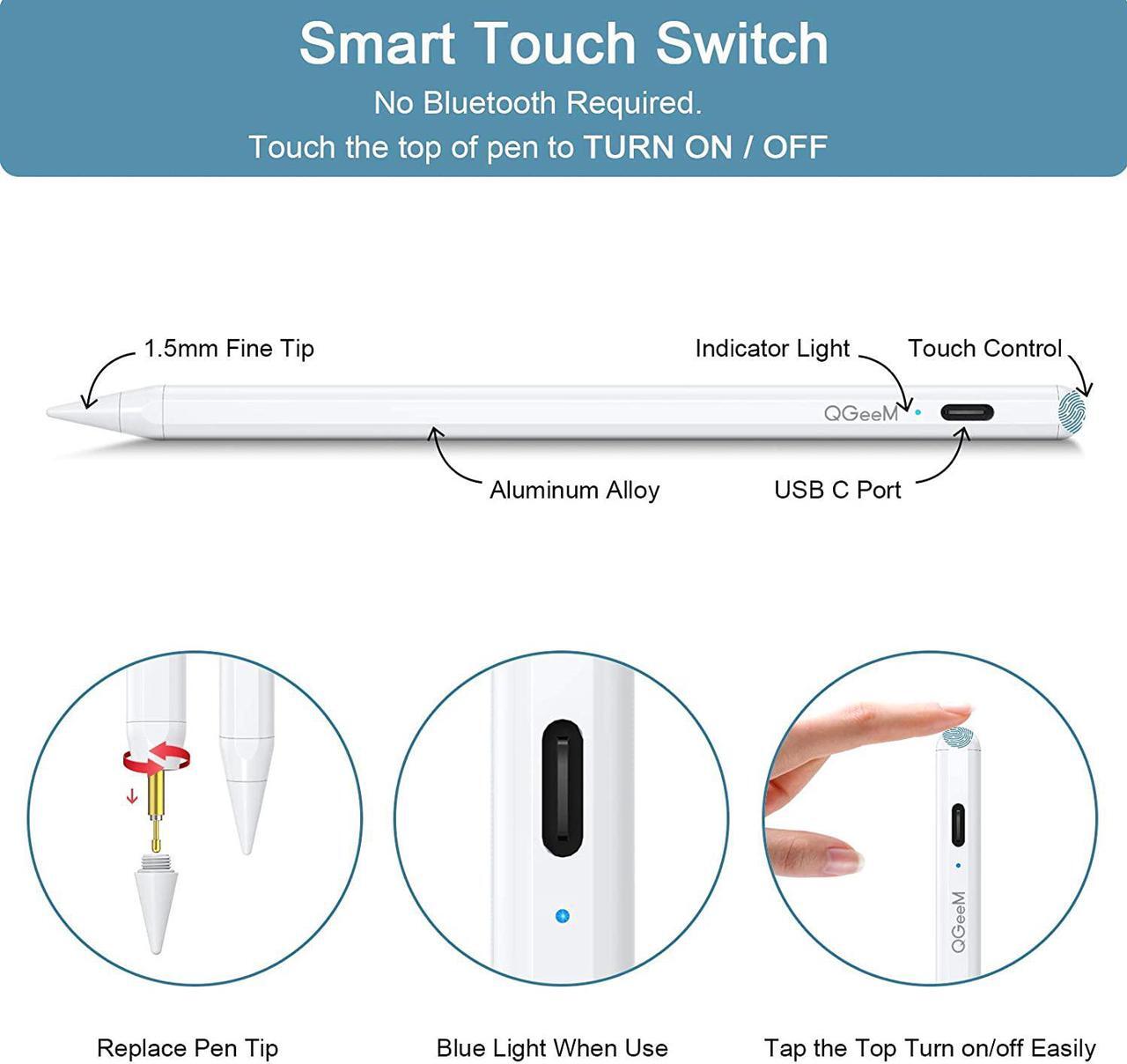 Alt view image 3 of 7 - Stylus Pen for iPad , QGeeM iPad Pencil with Palm Rejection Compatible with (2018-2021) Apple iPad Pro (11/12.9 Inch),iPad 6th/7th/8th Gen,iPad Mini 5th Gen,iPad Air 3rd/4th Gen ,Apple Pencil -White