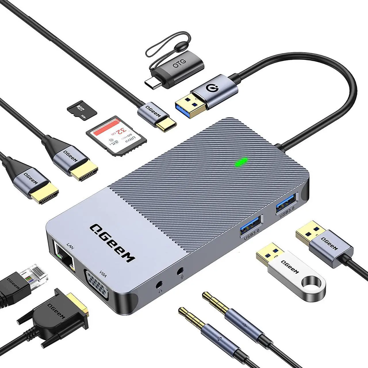 Main image of QGeeM USB 3.0 Docking Station, Triple Display USB C Hub Dual HDMI VGA Adapter, Portable USB A Dock Dual Monitor Compatible with All USB-C and USB 3.0 Laptop (Grey)