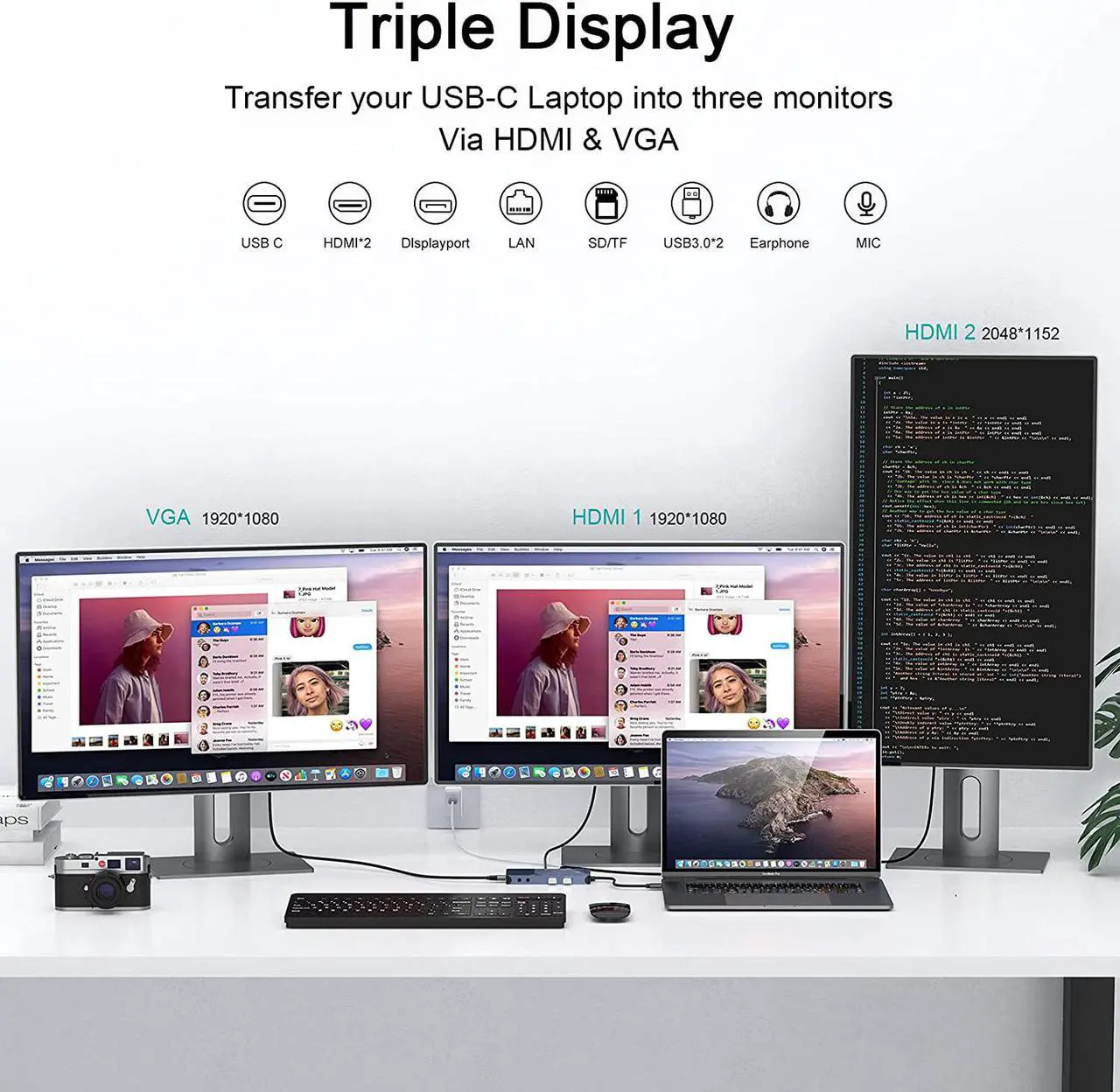 Alt view image 4 of 7 - QGeeM USB 3.0 Docking Station, Triple Display USB C Hub Dual HDMI VGA Adapter, Portable USB A Dock Dual Monitor Compatible with All USB-C and USB 3.0 Laptop (Grey)