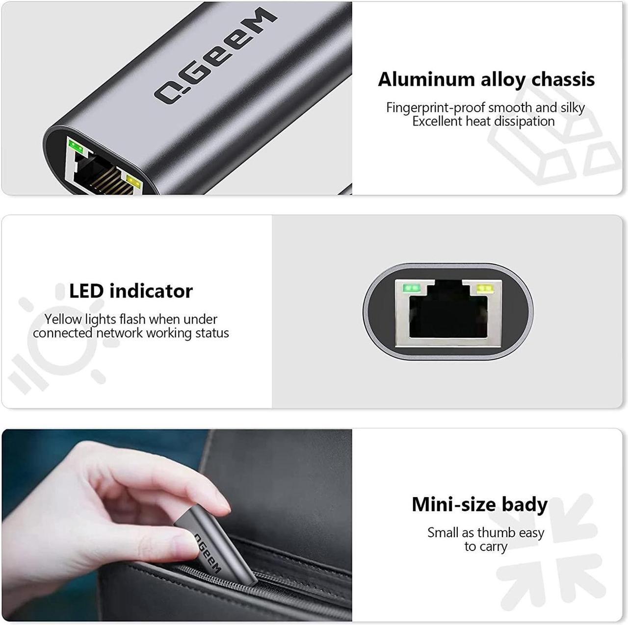 Alt view image 3 of 7 - USB C to Ethernet Adapter, QGeeM USB Type C to Ethernet Gigabit Adapter, Thunderbolt 3 to RJ45 LAN Network Portable Cable Adapter Compatible with MacBook Pro/Air,iPad Pro,Dell XPS