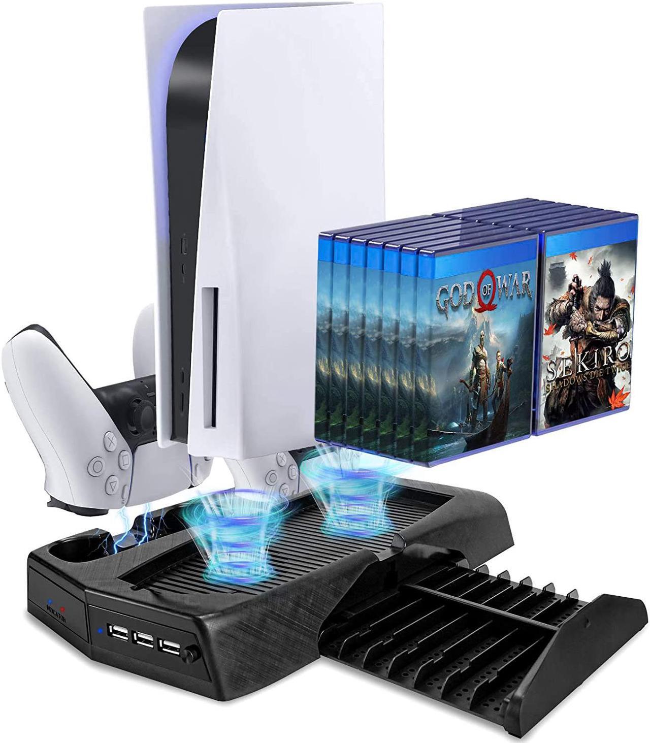 Main image of Rome Care Charging Stand for PS5 with Cooling Fan, Multi-Function Charger Station with 2 Controller Charging Docks, LED Indicators, 3 USB Ports and Retractable Game Storage Bracket