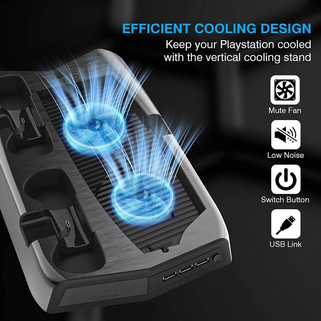 Alt view image 2 of 7 - Rome Care Charging Stand for PS5 with Cooling Fan, Multi-Function Charger Station with 2 Controller Charging Docks, LED Indicators, 3 USB Ports and Retractable Game Storage Bracket