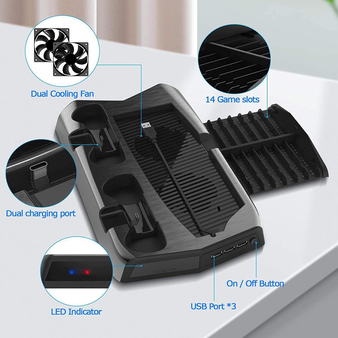 Alt view image 4 of 7 - Rome Care Charging Stand for PS5 with Cooling Fan, Multi-Function Charger Station with 2 Controller Charging Docks, LED Indicators, 3 USB Ports and Retractable Game Storage Bracket
