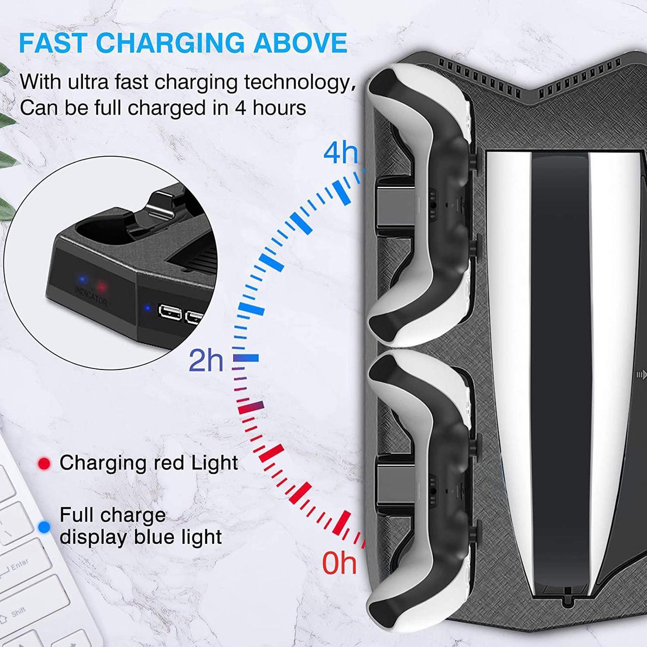 Alt view image 3 of 7 - Rome Care Charging Stand for PS5 with Cooling Fan, Multi-Function Charger Station with 2 Controller Charging Docks, LED Indicators, 3 USB Ports and Retractable Game Storage Bracket