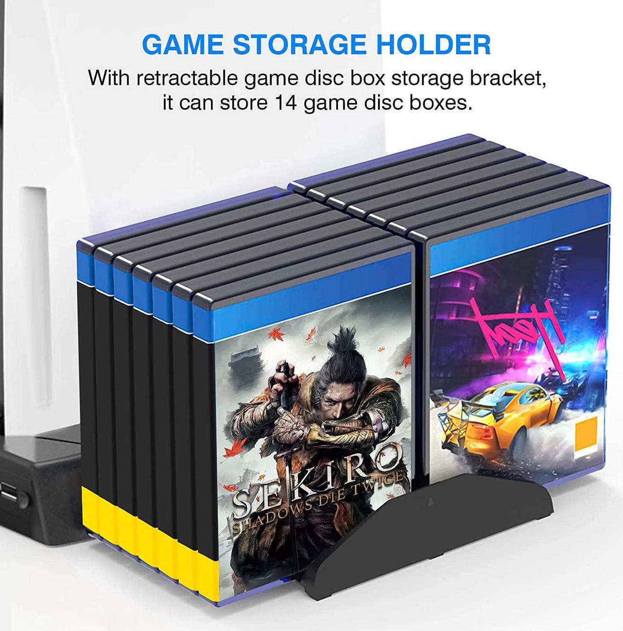 Alt view image 6 of 7 - Rome Care Charging Stand for PS5 with Cooling Fan, Multi-Function Charger Station with 2 Controller Charging Docks, LED Indicators, 3 USB Ports and Retractable Game Storage Bracket