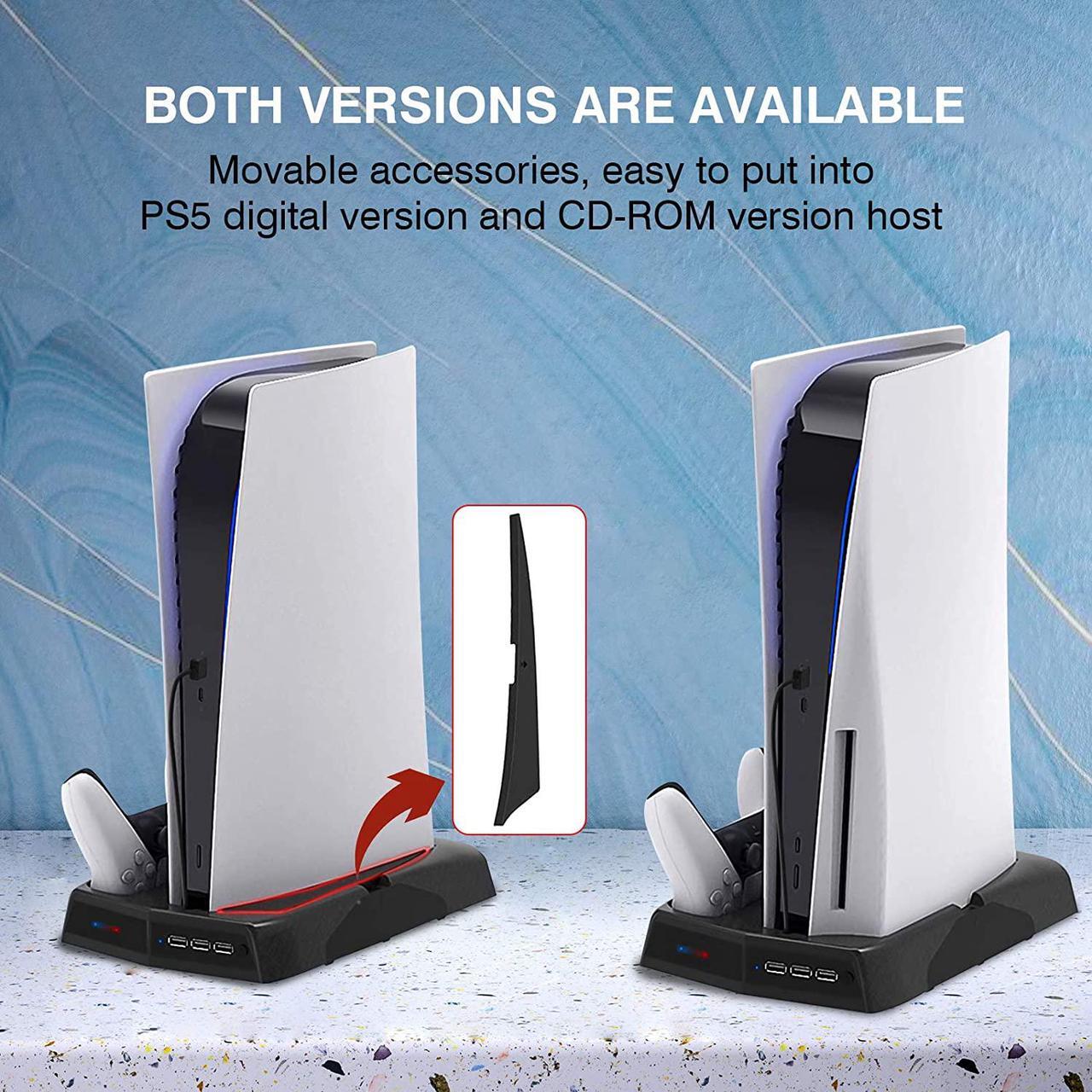 Alt view image 5 of 7 - Rome Care Charging Stand for PS5 with Cooling Fan, Multi-Function Charger Station with 2 Controller Charging Docks, LED Indicators, 3 USB Ports and Retractable Game Storage Bracket