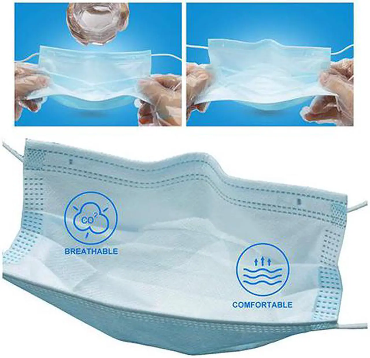 Alt view image 7 of 7 - ROME CARE 100 Pcs Disposable Face Masks, 3 Ply Disposable Face Mask for Adult Blue