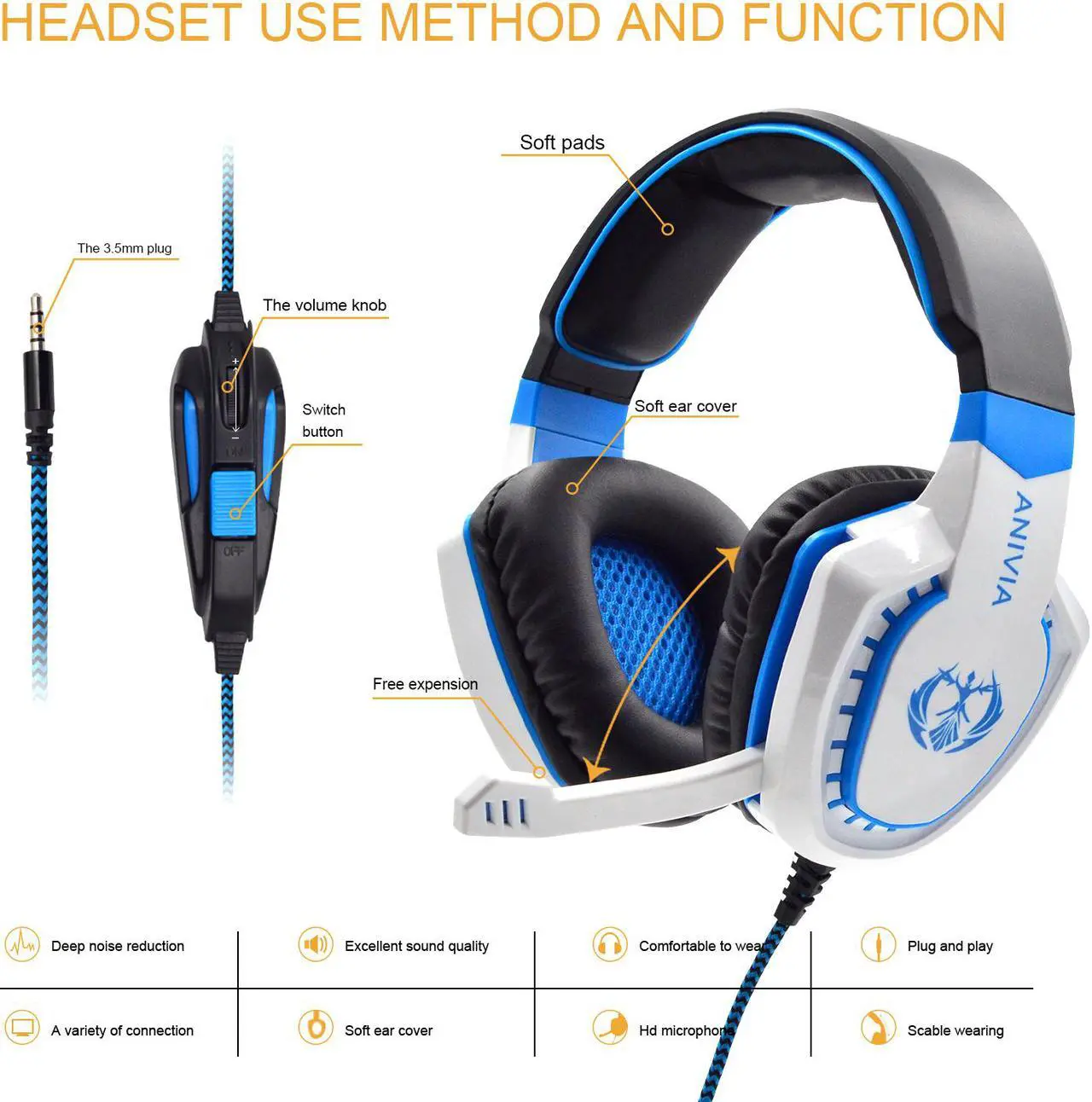Alt view image 3 of 6 - PS4 Headset Xbox One Gaming Headsets - PC Gaming Headphones with Mic,AH28 Wired Over Ear Gaming Headphone for PC Computer, MAC Laptop, Playstation 4, Xbox one Controller, Phones,Tablet