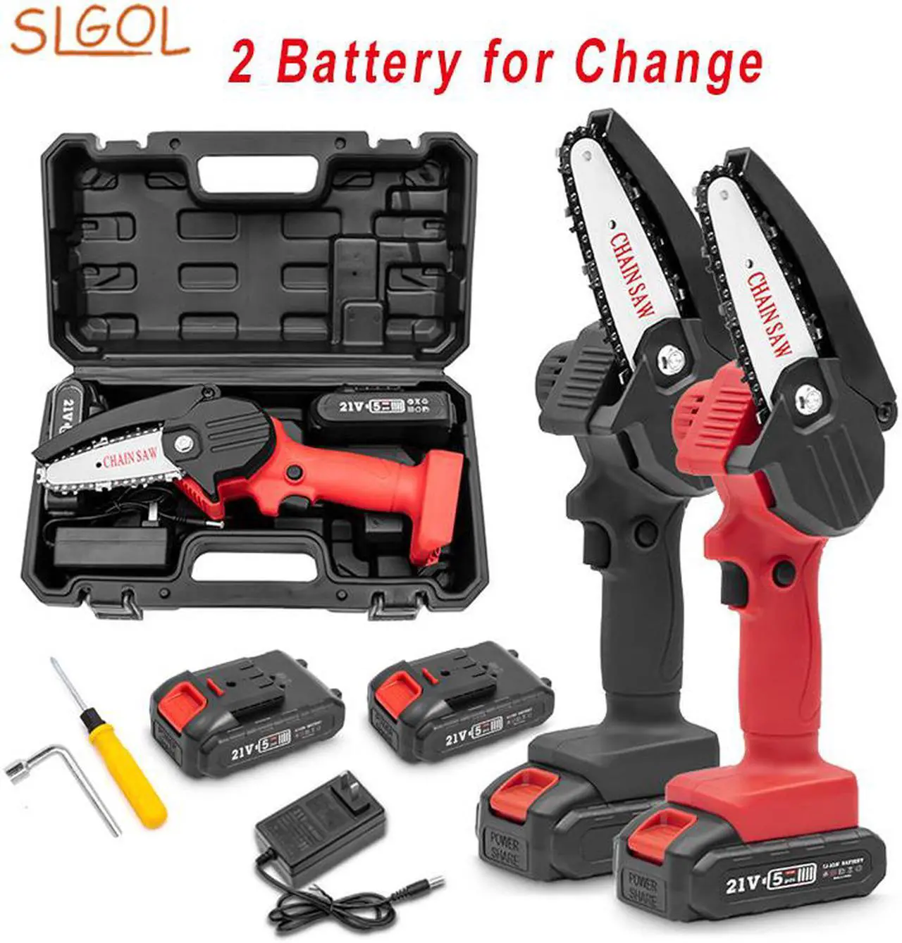 Main image of SLOGL Mini ChainSaw with 2 Battery&1 Charger , 220V Rechargeable Cordless Electric Logging Chain Saw, One-Handed Portable Chainsaw for Branch Wood Cutting Garden Tree Pruning Trimming(1 Item)